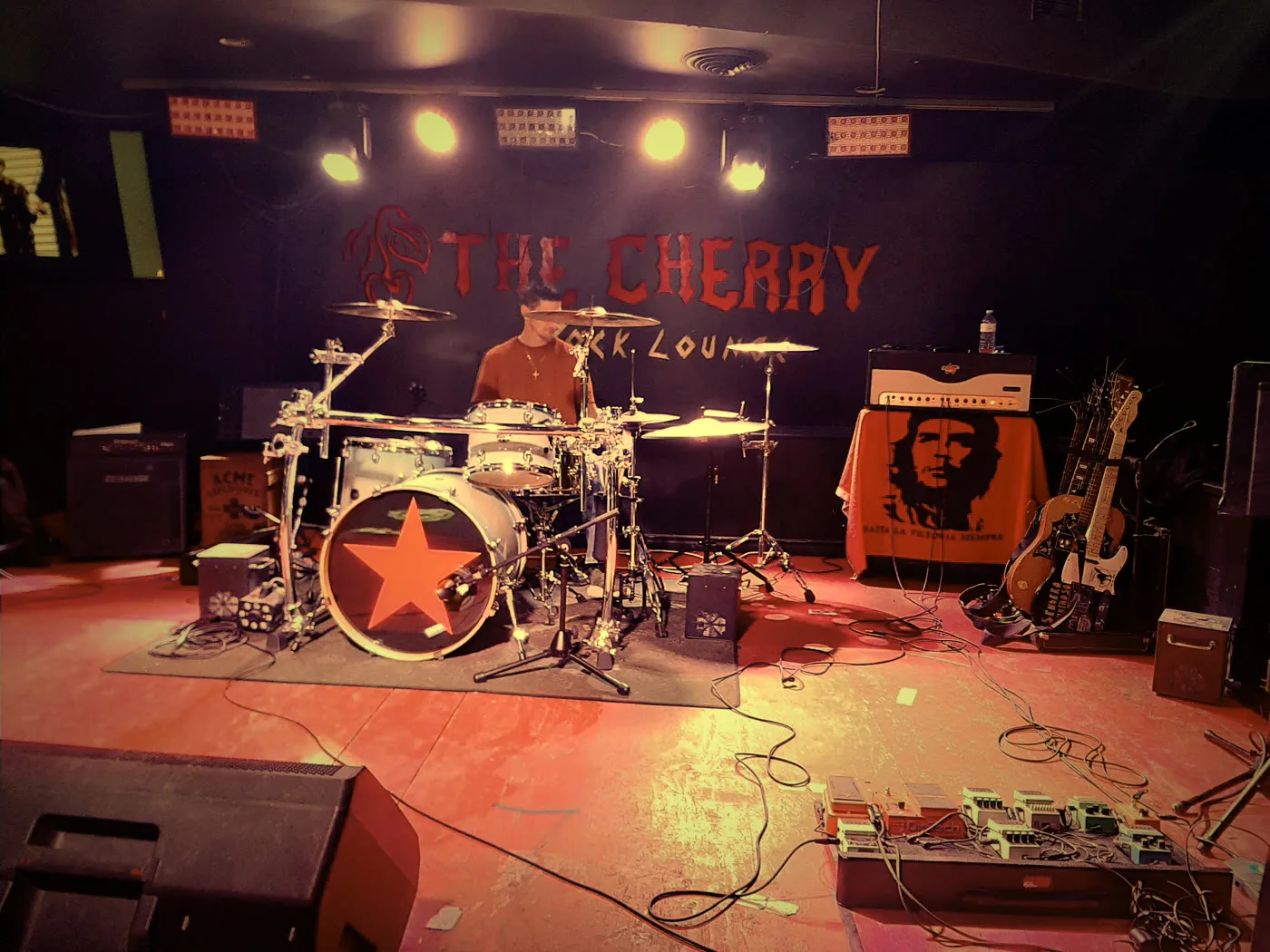 The Cherry stage, drum kit under the lights